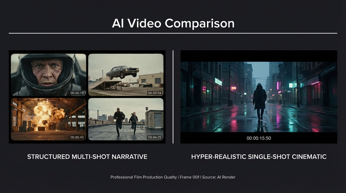 Kling 3.0 vs Seedance 2.0: two cinematic AI video outputs compared side by side, showing narrative multi-shot vs photorealistic single-shot quality