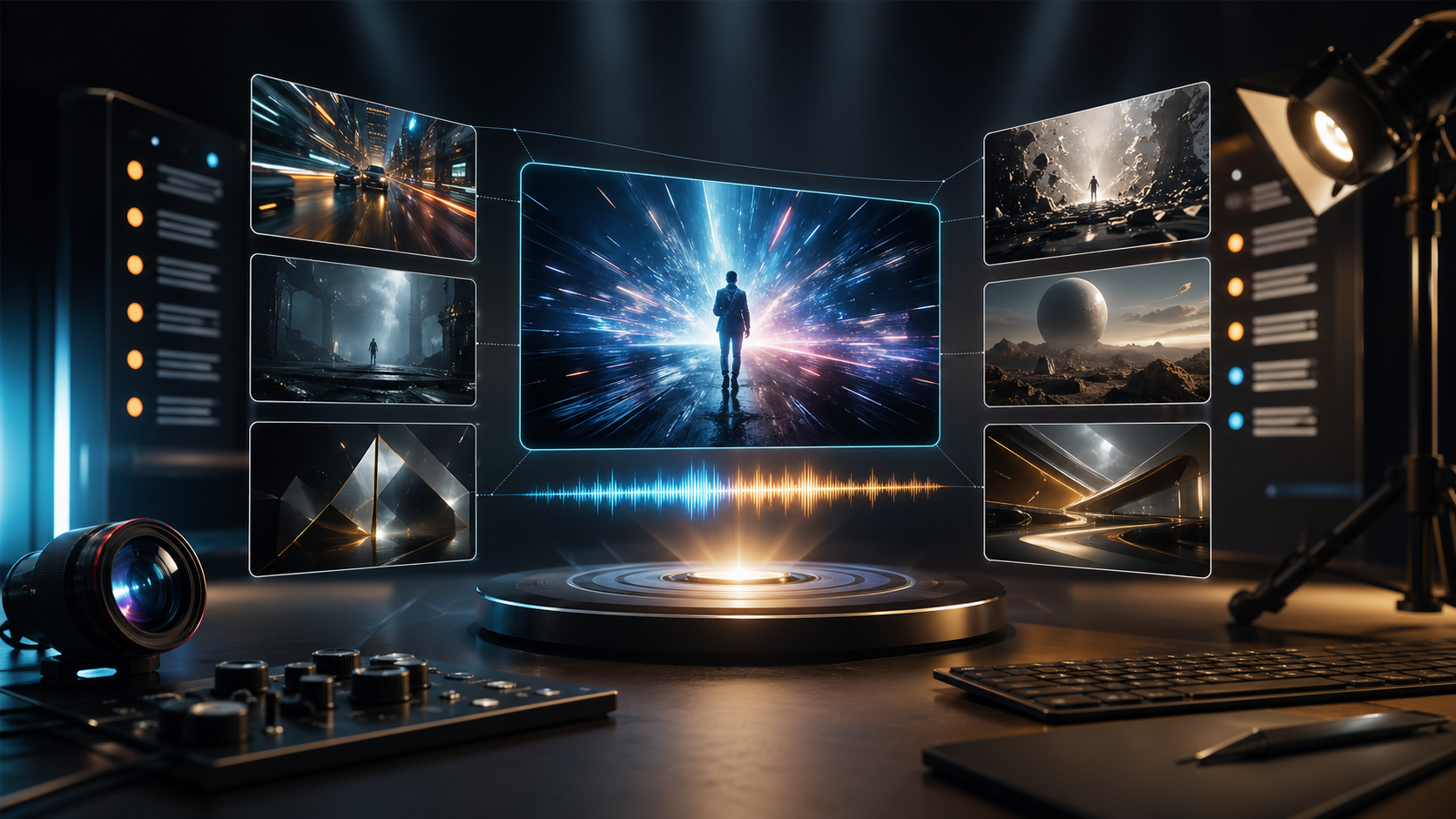 HappyHorse 1.0 and Kling 3.0 comparison hero image: cinematic AI video production desk with floating generated video frames and waveform controls