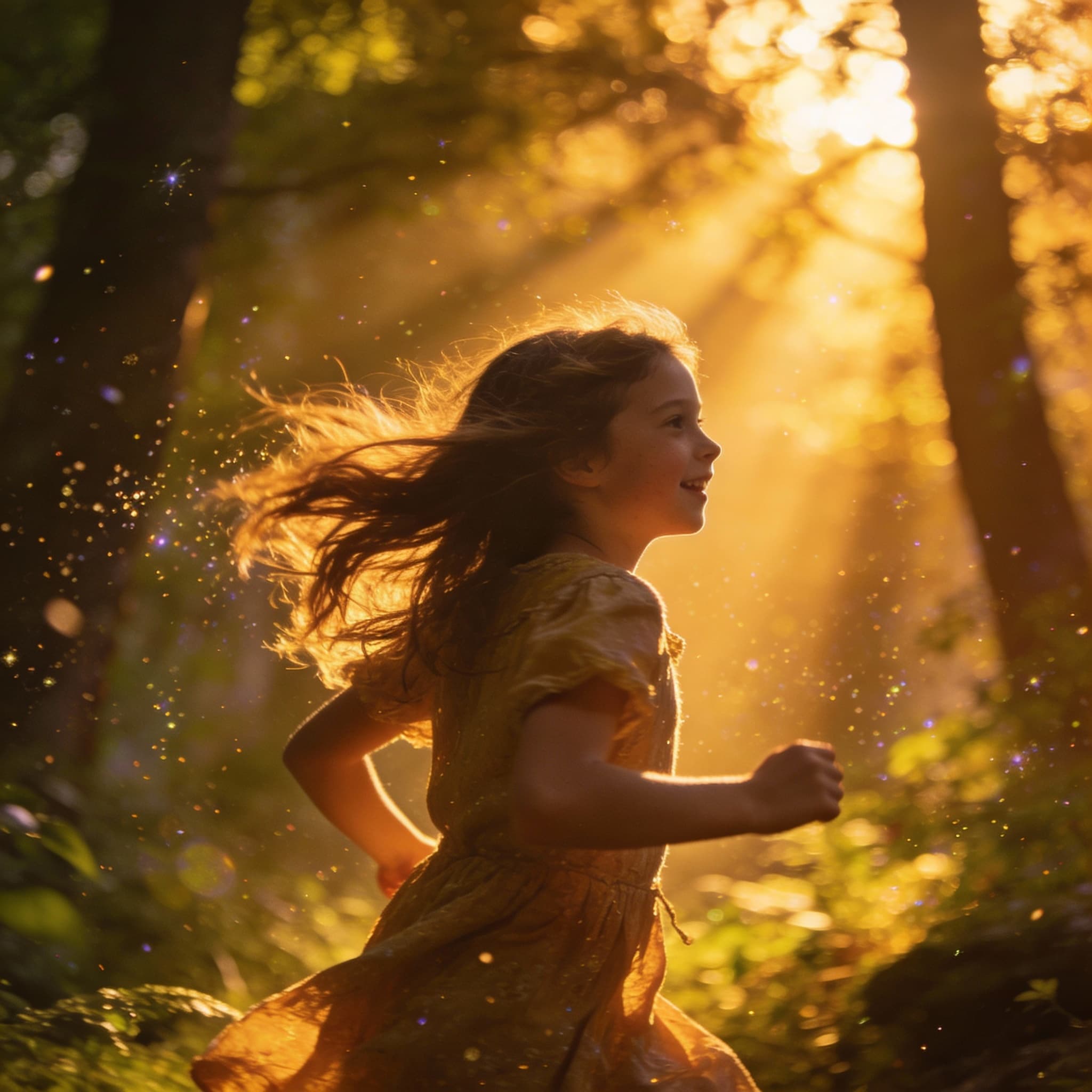 Girl running through magical forest at sunset