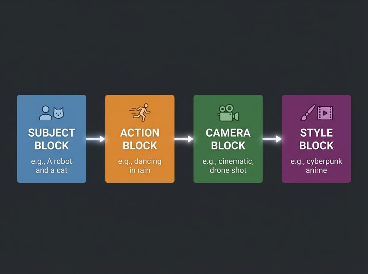 Kling 3.0 prompt anatomy: structured four-block prompt design showing subject, action, camera, and style components