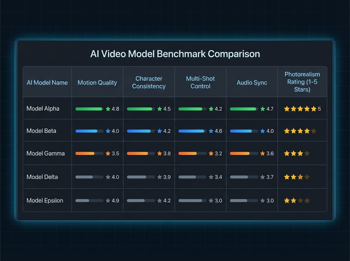 Kling 3.0 vs Seedance 2.0 benchmark comparison: motion quality, character consistency, multi-shot control, audio sync, photorealism ratings